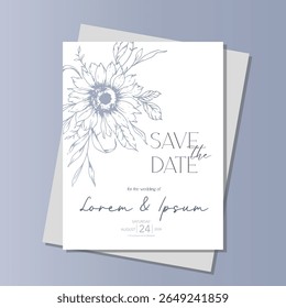 Sunflowers Wedding Invitation template, Outline Sunflowers Minimalist Wedding Invitate Template, Line Art Sunflowers Wedding