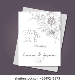 Sunflowers Wedding Invitation template, Outline Sunflowers Minimalist Wedding Invitate Template, Line Art Sunflowers Wedding