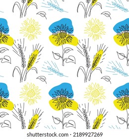 Sunflowers and wheat spikelet vector pattern on white background. One continuous line art drawing. Blue and yellow colors of Ukrainian flag.