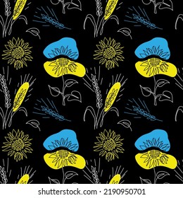 Sunflowers and wheat spikelet vector pattern on black background. One continuous line art drawing. Blue and yellow colors of Ukrainian flag.