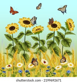 Sunflowers and wild flowers.Vector illustration with sunflowers, ears of corn, wildflowers and butterflies on a colored background.