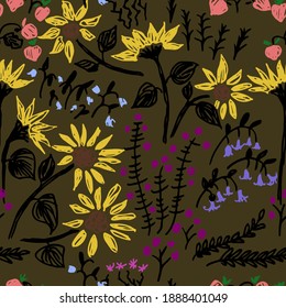 Sunflowers and wildflowers. Seamless pattern. Vector illustration.