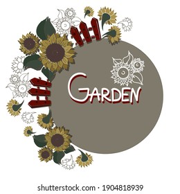 Sunflowers and wooden fence gardening and agriculture concept. Vector illustration with copy space