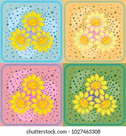 Sunflowers.Decorative floral background, geometric sketch of doodle with ornate lace frame. Seamless pattern tiles. Tribal ornament. Bandana shawl, table cloth printing, silk neck scarf, shawl design