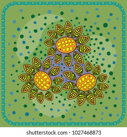 Sunflowers.Decorative floral background, geometric sketch of doodle with ornate lace frame. pattern tiles. Tribal ornament. Bandana shawl, table cloth printing, silk neck scarf, shawl design