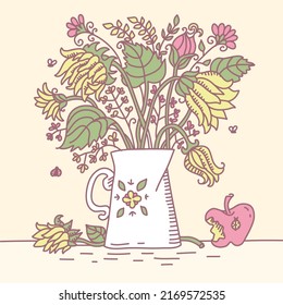 Sunfowers in vase stand on table. Vintage hand drawn scetch outline floral illustration card background for print. Romantic style of Sunflowers in vase