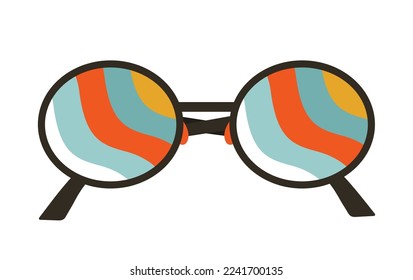 Sunglasess in 60's style. Retro groovy illustration. Glasess with colorful reflection in flat style. 1960's, hippie, peace and love concept. Vector isolated clip art.