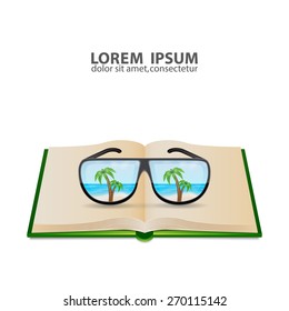 Sunglasess with palms reflection on open book. Summer background. EPS10 vector