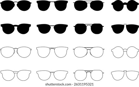 Sunglass icon set silhouette vector on white background. Sunglasses icons collection. Set of different sunglasses both in filled and outline style.