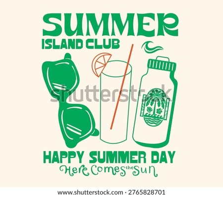 Sunglass, lemon juice and water bottle vector design. summer island club artwork.