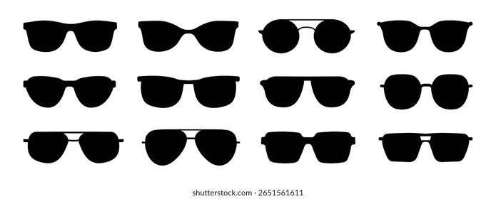 Sunglass silhouette icon set. Men glasses. Sun glasses hipster frame set, fashion black plastic rims. Vector illustration.