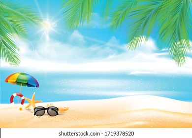 Sunglass star fish and flower in the Sand beach over blur sea and sky with sun light flare and copyspace abstract background vector illustration