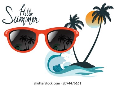 Sunglass summer coconut tree, sea and island. Vector design illustration