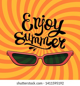 Sunglass vector summer illustration. Pop art style. Lettering enjoy summer.