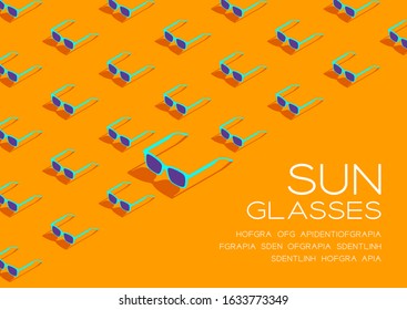 Sunglasses 3D isometric pattern, Eyeglasses fashion product concept poster and social banner post horizontal design illustration isolated on orange background with copy space, vector eps 10