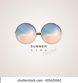 Sunglasses with abstract gradient glass mirrors reflecting beach coast isolated on light background with summer time, party time lettering typography. Top view perspective