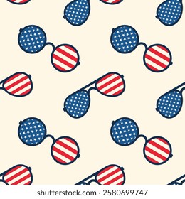 Sunglasses with American flag on lenses. Vector seamless pattern on beige background.