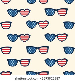 Sunglasses with American flag on lenses. Vector seamless pattern on beige background.