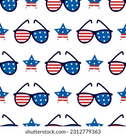 Gafas de sol con la bandera americana patrón vectorial sin costura. Gafas y estrellas para el 4 de julio, Día de la Independencia de Estados Unidos. Símbolo patriótico de la libertad. Fondo plano de caricatura para afiches de verano, impresos, web