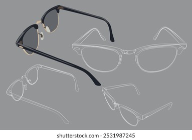 Sunglasses from back view with several white line sketches of sunglasses.