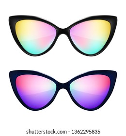 Sunglasses background. Trendy colors. Fashion eyeglasses collection. Summer fashion. Cat eye rim style. Retro trendy vector.