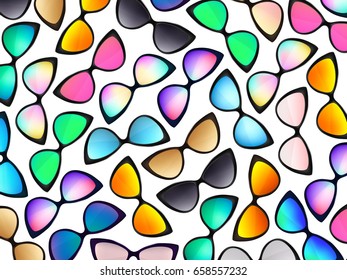 Sunglasses background. Trendy sunglasses colors. Fashion eyeglasses collection. Summer vacation backdrop. Sunglasses for tropical trip. Cat eye rim style. Retro trend vector.