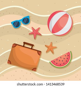 sunglasses with ball and starfishes with briefcase and watermelon fruit