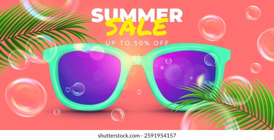 Sunglasses banner 50% OFF pastel colors ,palm decoration, floating bubbles around. Sunglasses discount, sale, promotion banner. 3D vector illustration. 