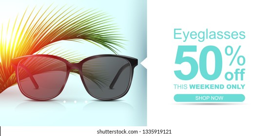 Sunglasses banner concept with palm leaves. Summer discount banner.