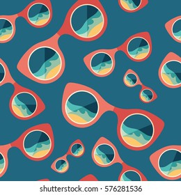 Sunglasses beach reflection flat icon seamless pattern.