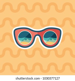 Sunglasses beach reflection sticker flat icon with color background.