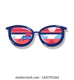 Sunglasses with beach reflection. Vector cartoon summer concept illustration isolated on white background.