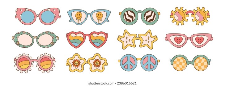 Sunglasses big set in retro groovy hippie style. Different forms. Vector illustration 60s 70s