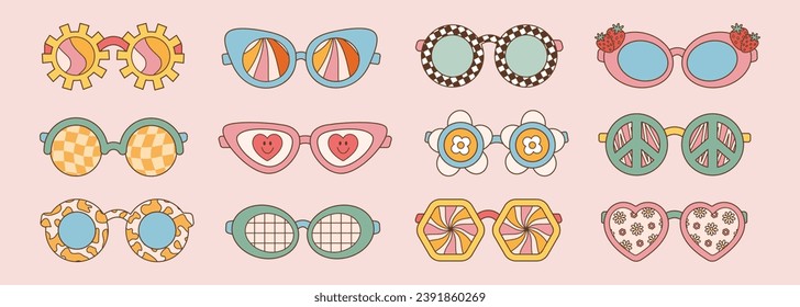 Sunglasses big set in retro groovy hippie style. Vector flat illustration 60s 70s