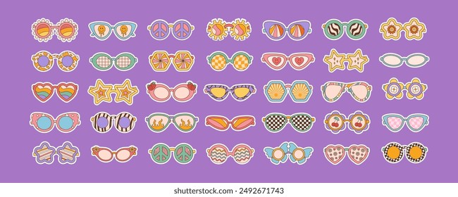 Gafas de sol grandes en estilo hippie retro groovy. Diferentes formas de estrellas, corazón, símbolo de paz, flores. Ilustración vectorial 70s 80s