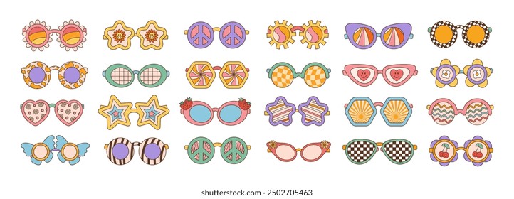 Sunglasses big set in retro groovy hippie style. Different forms stars, heart, peace symbol, flowers. Vector illustration 70s 80s