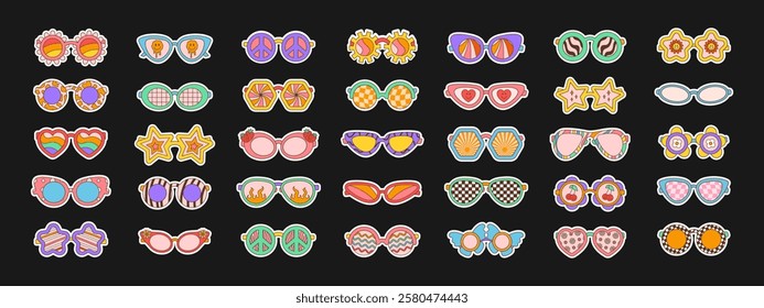 Sunglasses big set in retro groovy hippie style. Different forms stars, heart, peace symbol, flowers. Vector illustration 70s 80s