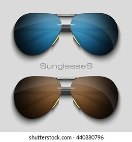 Sunglasses blue and brown. Two spectacles. Realistic eyeglasses vector illustration
