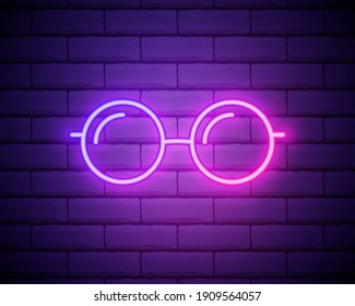 Sunglasses blue glowing neon ui ux icon. Glowing sign logo vector isolated on brick wall background.