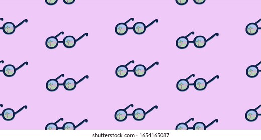 Sunglasses, blue sunglasses with reflection of the beach and palm trees. Geometric seamless pattern, vector on a pink background. For printing on textiles, T-shirts, gift wrapping and summer products