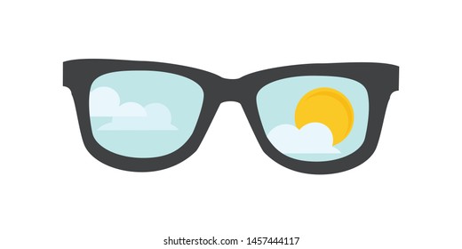 Sunglasses with blue sky, clouds and sun reflection. Isolated on white background. Summer sunglasses