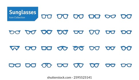 Sunglasses Blue Vector Set. Eyewear Icons. Hipster Geek Style Eyeglasses Frames Vector Illustration.