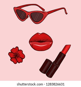 Sunglasses and bright red lips on a pink background, with a flower and lipstick in the corners. Vector illustration