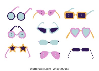 Gafas de sol de dibujos animados dibujado a mano Ilustración vectorial sobre fondo aislado. Varios colores de gafas de verano accesorios de moda, concepto de protección solar. Elementos de diseño para impresión, papel, póster, tarjeta