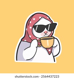 Sunglasses Cat enjoying a cup of tea, cat meme Sticker Vector Cute Illustration