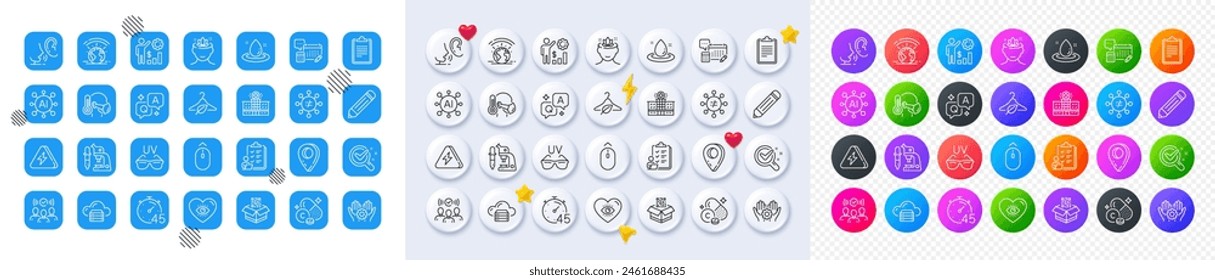 Sunglasses, Chemistry lab and Lightning bolt line icons. Square, Gradient, Pin 3d buttons. AI, QA and map pin icons. Pack of Squad, Clipboard, Account icon. Vector