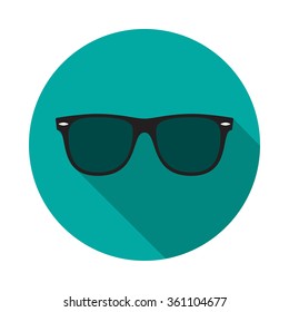 Sunglasses circle icon with long shadow. Flat design style. Round icon. Web site page and mobile app design element.