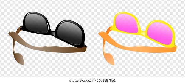 Sunglasses classic black and bright stylish yellow glasses with pink transparent lenses. Set of isolated vector illustrations