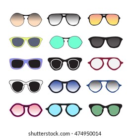 Sunglasses collection colorful. Fashion summer eyeglasses isolated on white backogrund.  