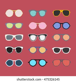 Sunglasses collection colorful. Fashion summer eyeglasses isolated on black backogrund. 